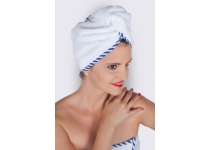 Wellness turban MaryBerry do sauny,  biely s modrým lemom